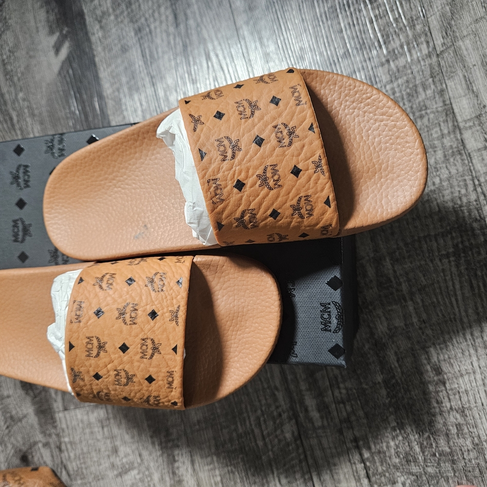 MCM Tan Slide Sandals